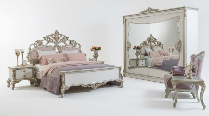 Bedroom set luxury bed 2x nightstand wardrobe chair 6-piece set.