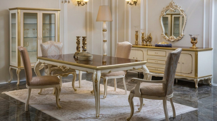 Design dining room set, 8 pieces: dining table, chair, sideboard, display cabinet, mirror, tables, wood.