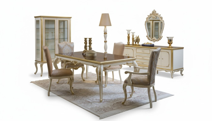 Design dining room set, 8 pieces: dining table, chair, sideboard, display cabinet, mirror, tables, wood.
