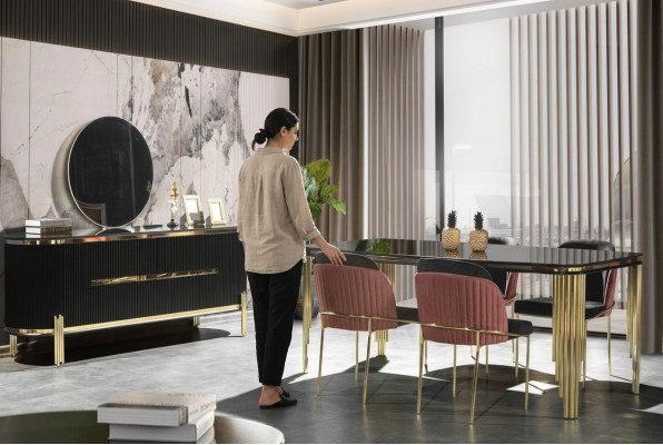 Luxury Dining Room Dining Suite Design Table Chest of Drawers 4x Chairs Group 6-piece Set New