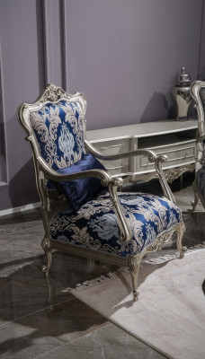Luxury Single-Seater Armchair Upholstered Furniture Blue Floral Pattern Sofa Lounge Baroque