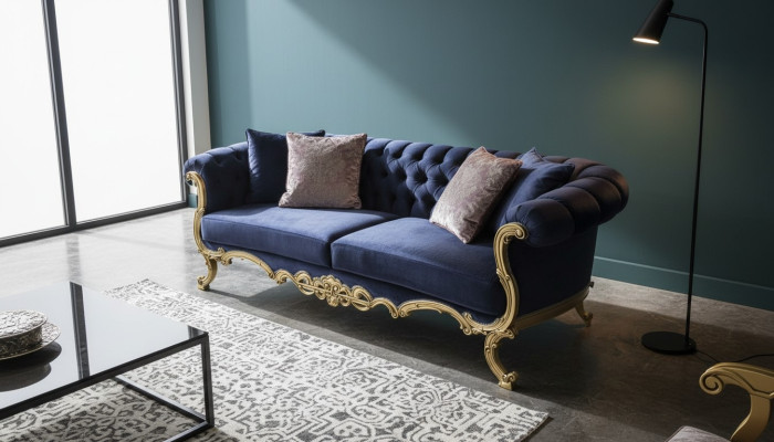 Chesterfield three-seater sofa in luxurious blue color for the living room