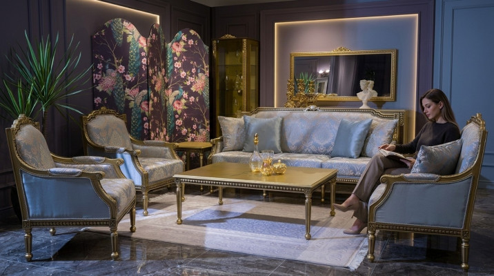 Set sofa suite 3+3+1+1 seat sofas coffee table couches sofa blue 5-piece set