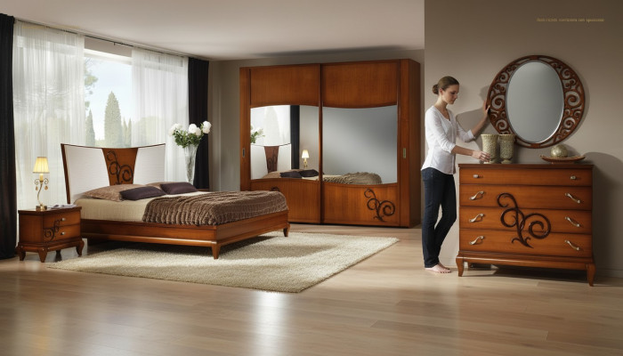 Bedroom bed nightstand wardrobe dresser mirror luxury new set 6-piece.