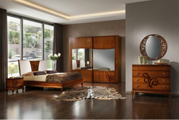 Bedroom bed nightstand wardrobe dresser mirror luxury new set 6-piece.