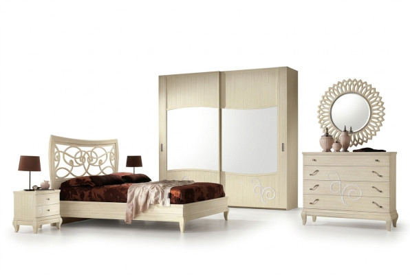 Bedroom bed nightstand wardrobe dresser mirror group new set 6-piece.