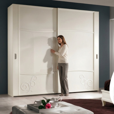 Wardrobe closet with sliding doors, bedroom wall, wood design cabinets