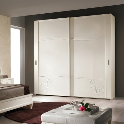 Wardrobe closet with sliding doors, bedroom wall, wood design cabinets