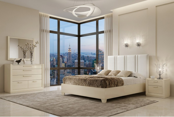 Bedroom set: bed, nightstand, dresser, mirror, luxury wood design, 5-piece set.