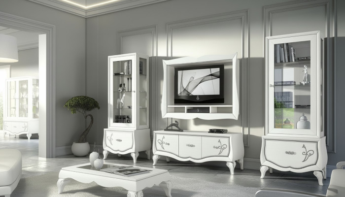 TV furniture set, 4-piece. Living room wall, TV lowboard, display cabinet, sideboard, cabinet design, new.