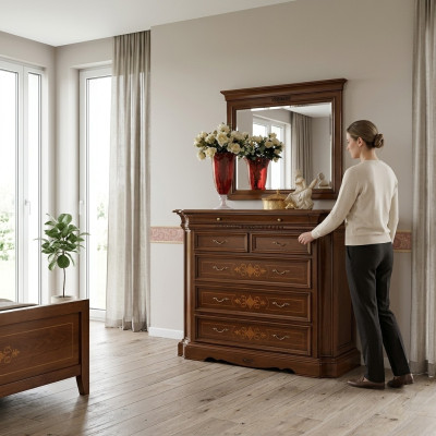 Solid wood dresser with mirror, sideboard chest of drawers set, Italian furniture 2-piece set.