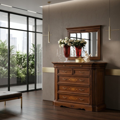 Solid wood dresser with mirror, sideboard chest of drawers set, Italian furniture 2-piece set.