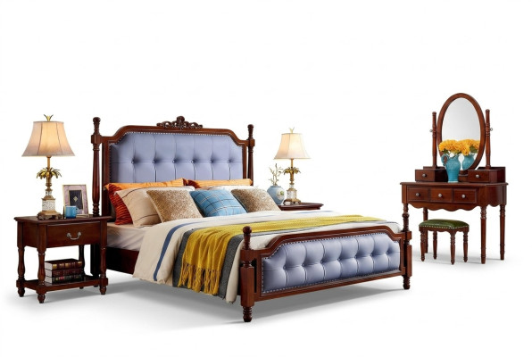 Design bedroom complete set bed nightstands dressing table 5 pieces set