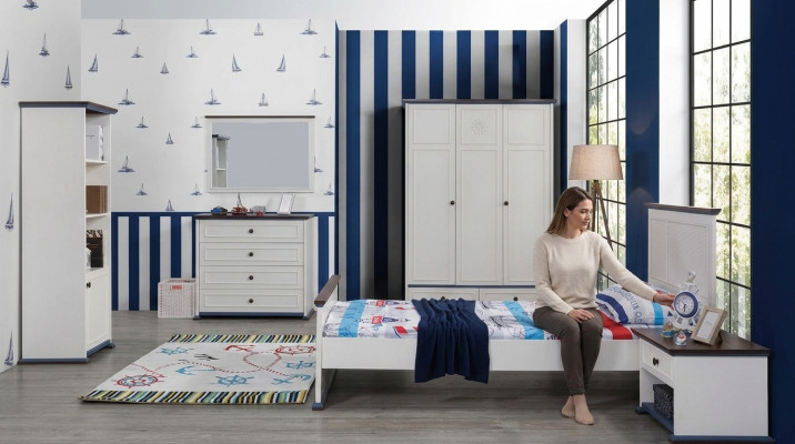 Bedroom children's room set modern wardrobe chest of drawers table wood white new 5-piece.