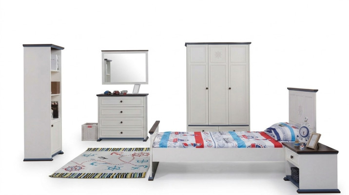 Bedroom children's room set modern wardrobe chest of drawers table wood white new 5-piece.