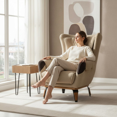 Classic armchair seat upholstered single-seater fabric beige for TV living room