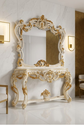 Classic mirror dressing table console table white wood bedroom furniture 2-piece