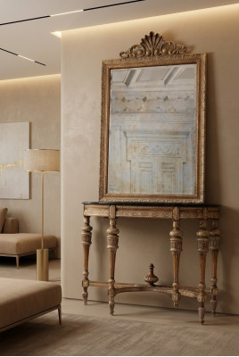 Baroque style furniture console table mirror wood Italian tables consoles 2-piece set.