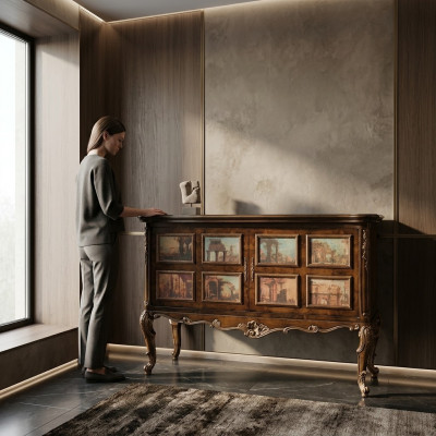 Magnificent buffet cabinet with depictions of architectural buildings on the facades
