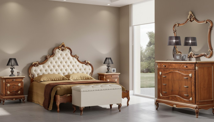 Bedroom complete set: bed, 2x nightstands, dresser, mirror, armchair 6-piece Italy