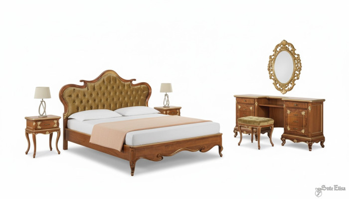 Bedroom bed, nightstand, dressing table, stool, upholstered bed, double bed set 5-piece