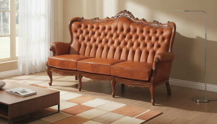 Luxury 3-seater sofa made of brown leather Art Deco style furniture leather