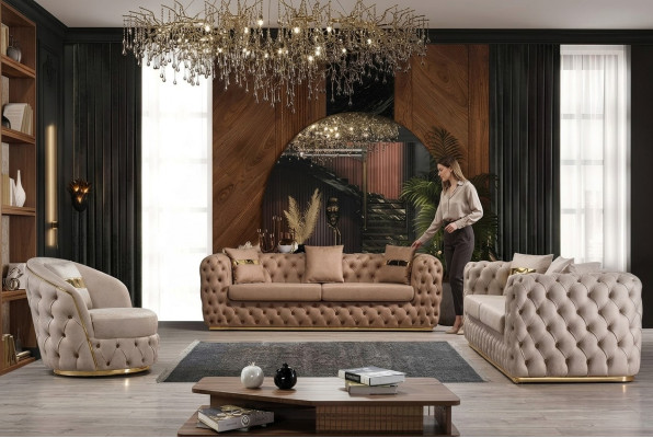Chesterfield Sofa Set 3+3+1+1 Seater Suite Sofa Armchair Sofas Leather Beige