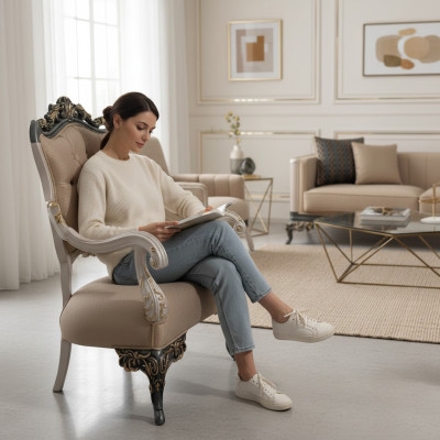 Armchair Wing Chair Design Upholstered Sofa Couch Textile Baroque Living Room Fabric Seat