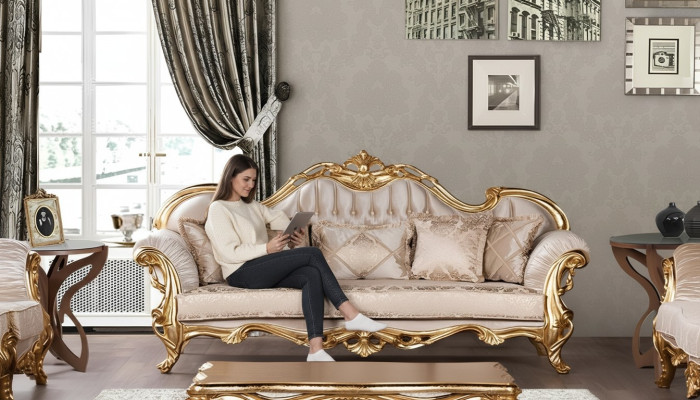 Three-seater sofa, 3-seater sofa, sofas, couches, fabric, baroque style, rococo furniture.