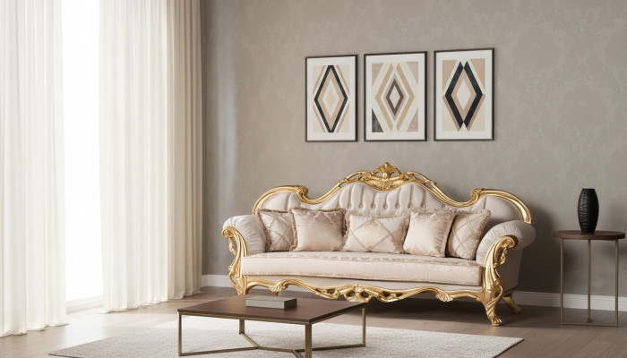 Three-seater sofa, 3-seater sofa, sofas, couches, fabric, baroque style, rococo furniture.