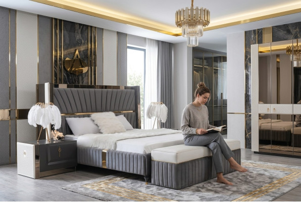 Luxury bed 180x200cm with wooden headboard and 2 bedside tables Italian furniture new