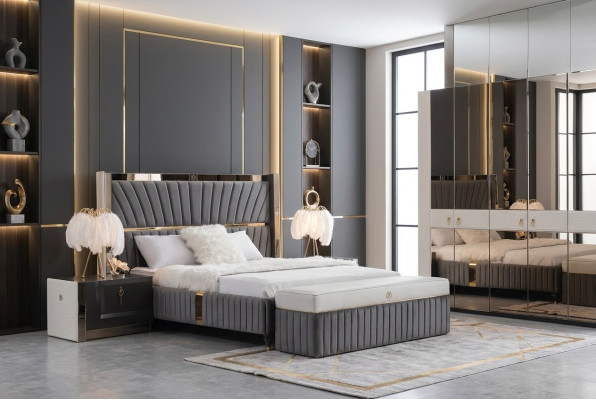Luxury bed 180x200cm with wooden headboard and 2 bedside tables Italian furniture new