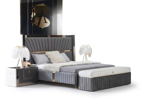 Luxury bed 180x200cm with wooden headboard and 2 bedside tables Italian furniture new