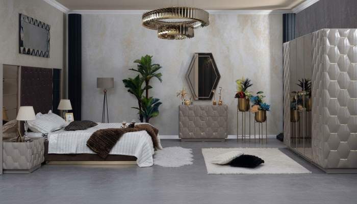 Bedroom bed, nightstand, wardrobe, dresser, mirror, 6-piece set.