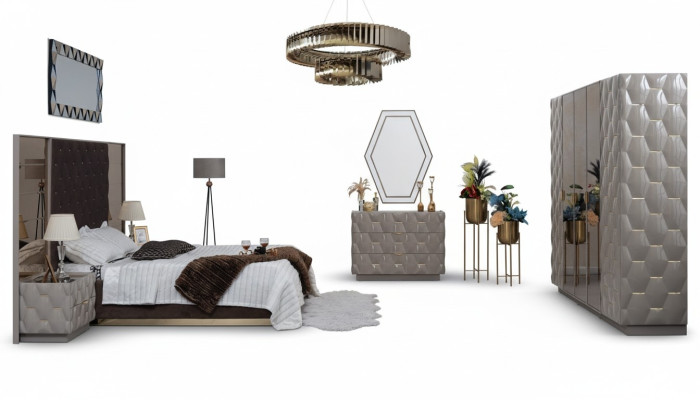 Bedroom bed, nightstand, wardrobe, dresser, mirror, 6-piece set.