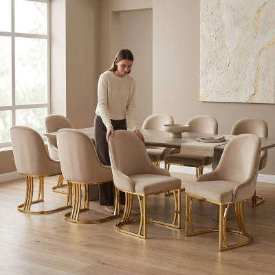 Design Chair Set 8x Armchair Stainless Steel Fabric Upholstered Chairs Dining Room