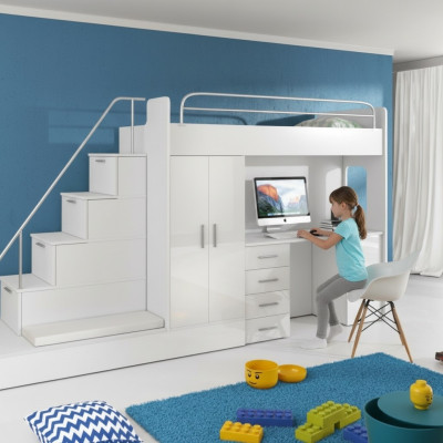 White children's loft bed bunk bed high gloss furniture