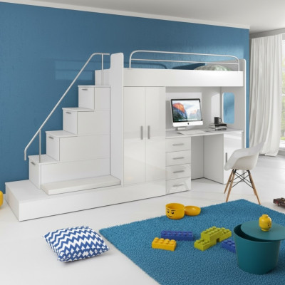 White children's loft bed bunk bed high gloss furniture