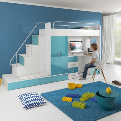 Bunk bed loft bed blue children's room beds loft beds bunk turquoise bed new