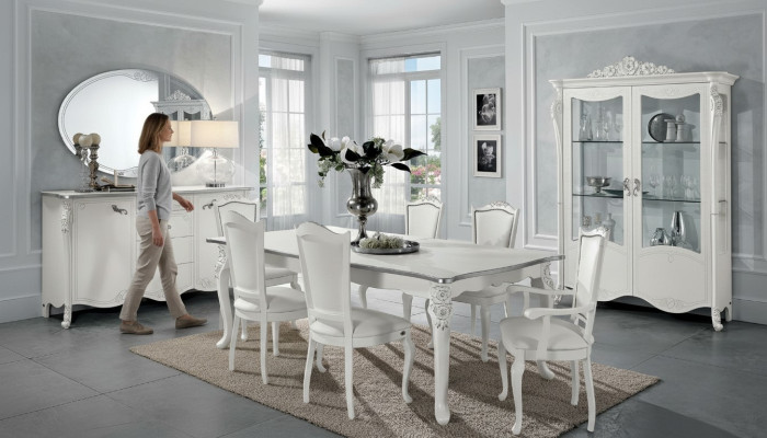 Dining room set, dining table, 6 chairs, sideboard, display cabinet, group, suite, Italian, 9 pieces.