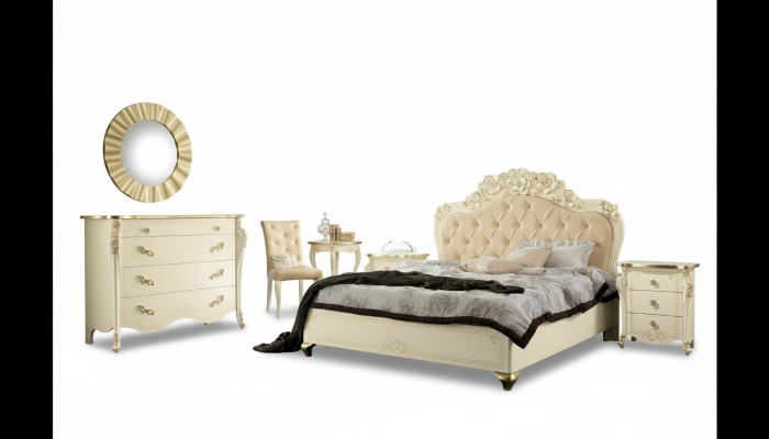 Bedroom set beige bedroom bed nightstand dresser mirror chair 6-piece.