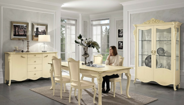 Dining room beige dining table 4x chairs sideboard display cabinet group furniture set 7 pieces