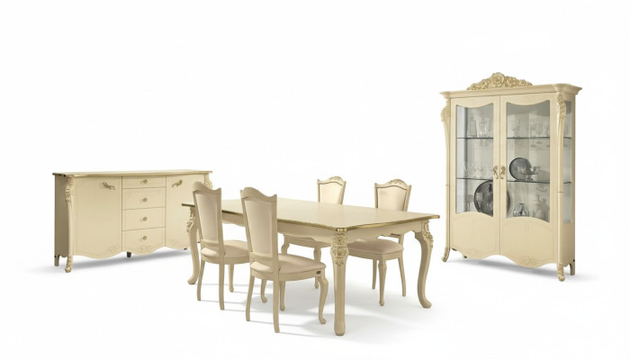 Dining room beige dining table 4x chairs sideboard display cabinet group furniture set 7 pieces