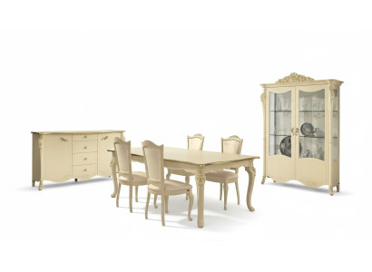 Dining room beige dining table 4x chairs sideboard display cabinet group furniture set 7 pieces