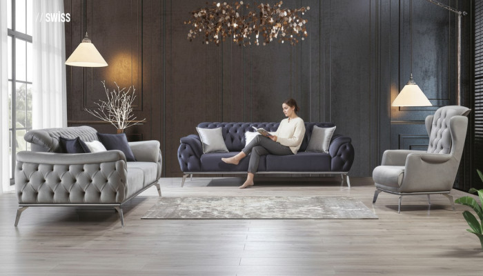 Blue Sofa 3-Seater Living Room Luxury Design Chesterfield Italian