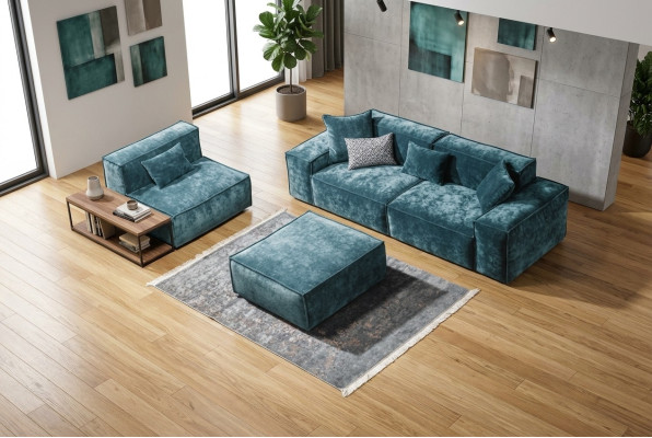 Sofa set Cube Furniture XXL 3+1 Seat Blue Living Room Armchair Stool