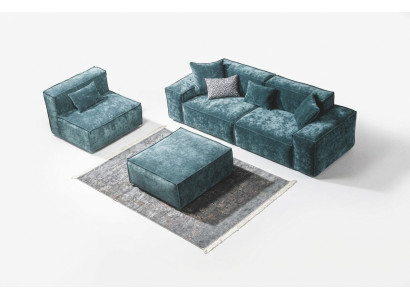 Sofa set Cube Furniture XXL 3+1 Seat Blue Living Room Armchair Stool
