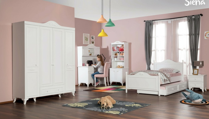Children's room set in white with elegant desk design, wooden bookshelf, new furniture