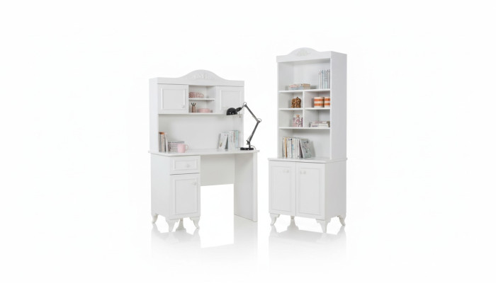 Children's room set in white with elegant desk design, wooden bookshelf, new furniture