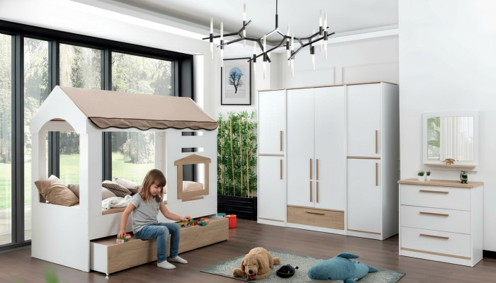 Children's room bed house canopy bed bedroom set suite mirror 4-piece.